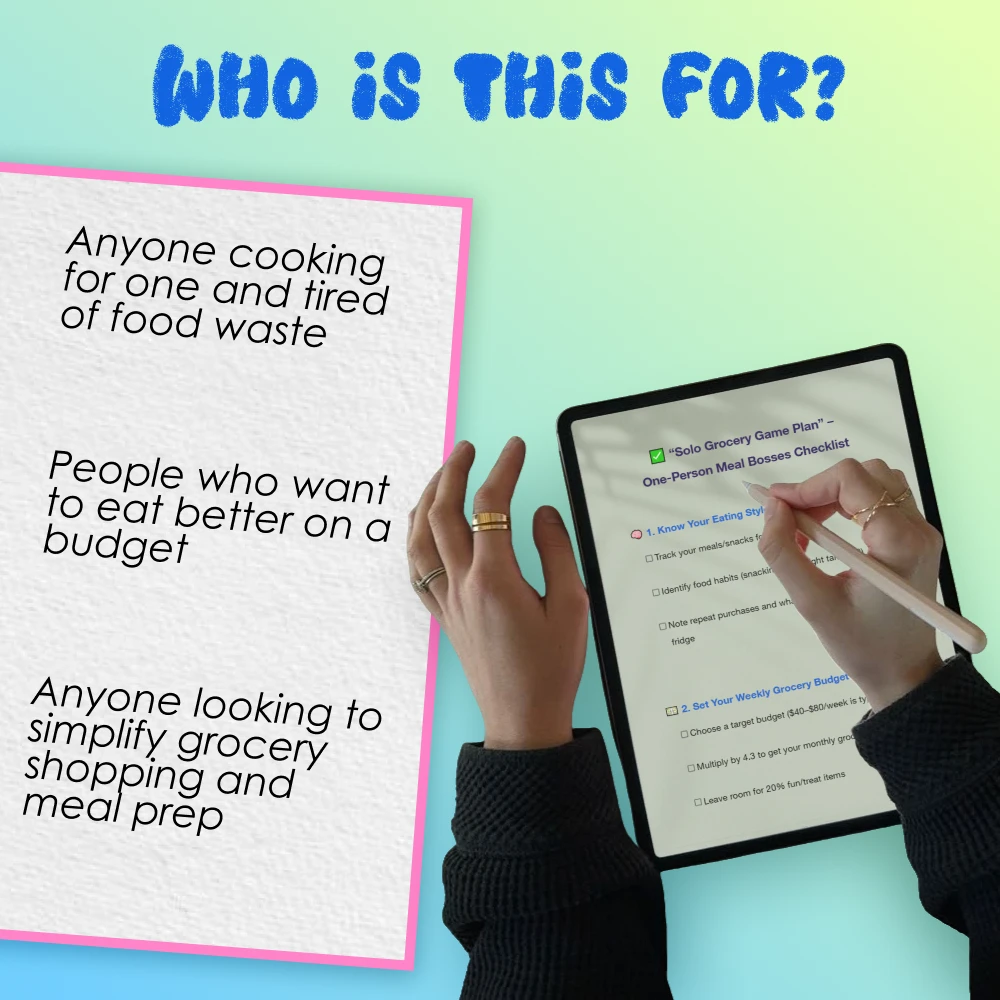 “Solo Grocery Game Plan” – One-Person Meal Bosses Checklist | How to Budget Groceries for 1 | Weekly Meal Planning Printable