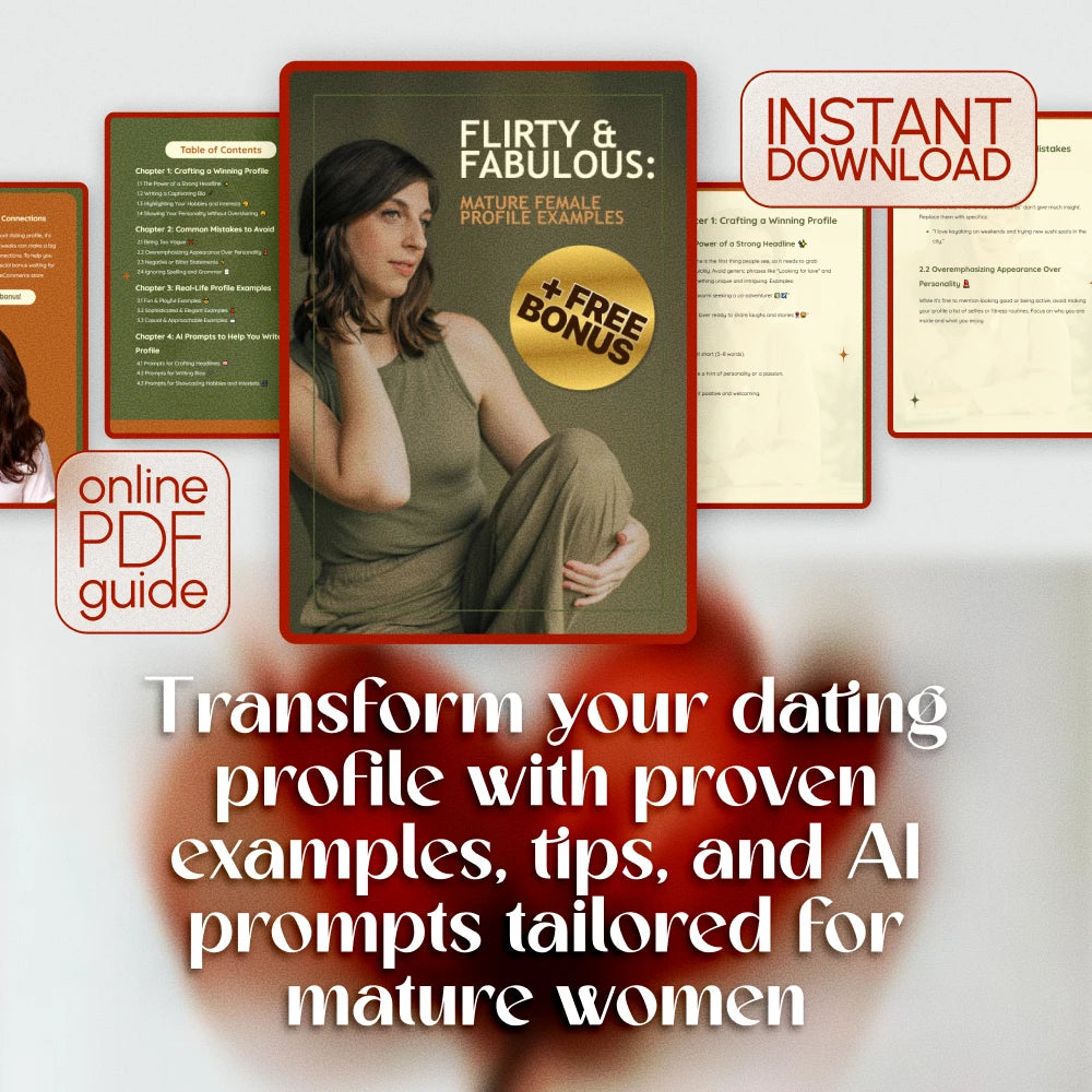 Flirty & Fabulous: Mature Female Profile Examples | Digital Guide for Women Over 40 | Dating Profile Bio Tips, Checklists & Real-Life Examples