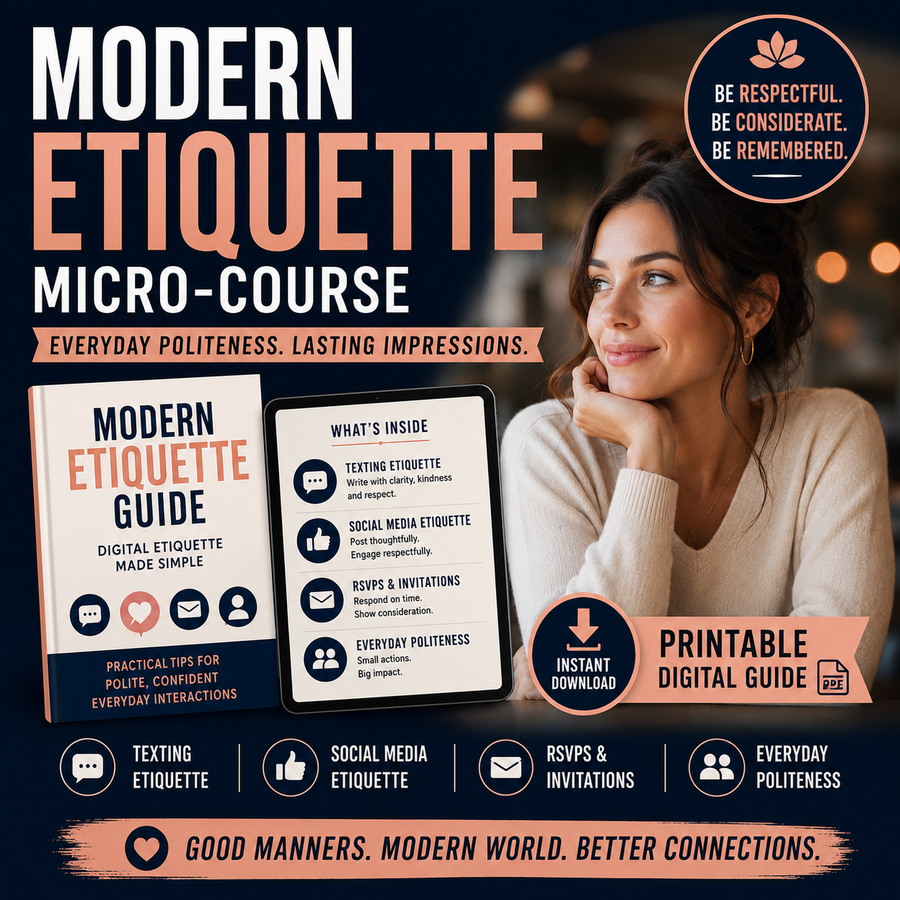 Modern Etiquette Micro-Course | Printable Digital Etiquette Guide | Texting, Social Media, RSVPs & Everyday Politeness Tips