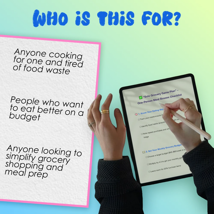 “Solo Grocery Game Plan” – One-Person Meal Bosses Checklist | How to Budget Groceries for 1 | Weekly Meal Planning Printable