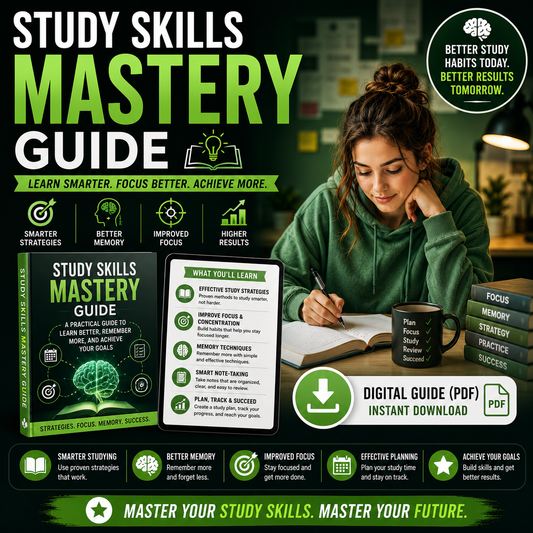 Study Skills Mastery Guide | Digital Study Guide, Learning Strategies eBook, Focus Tips, Memory Techniques PDF