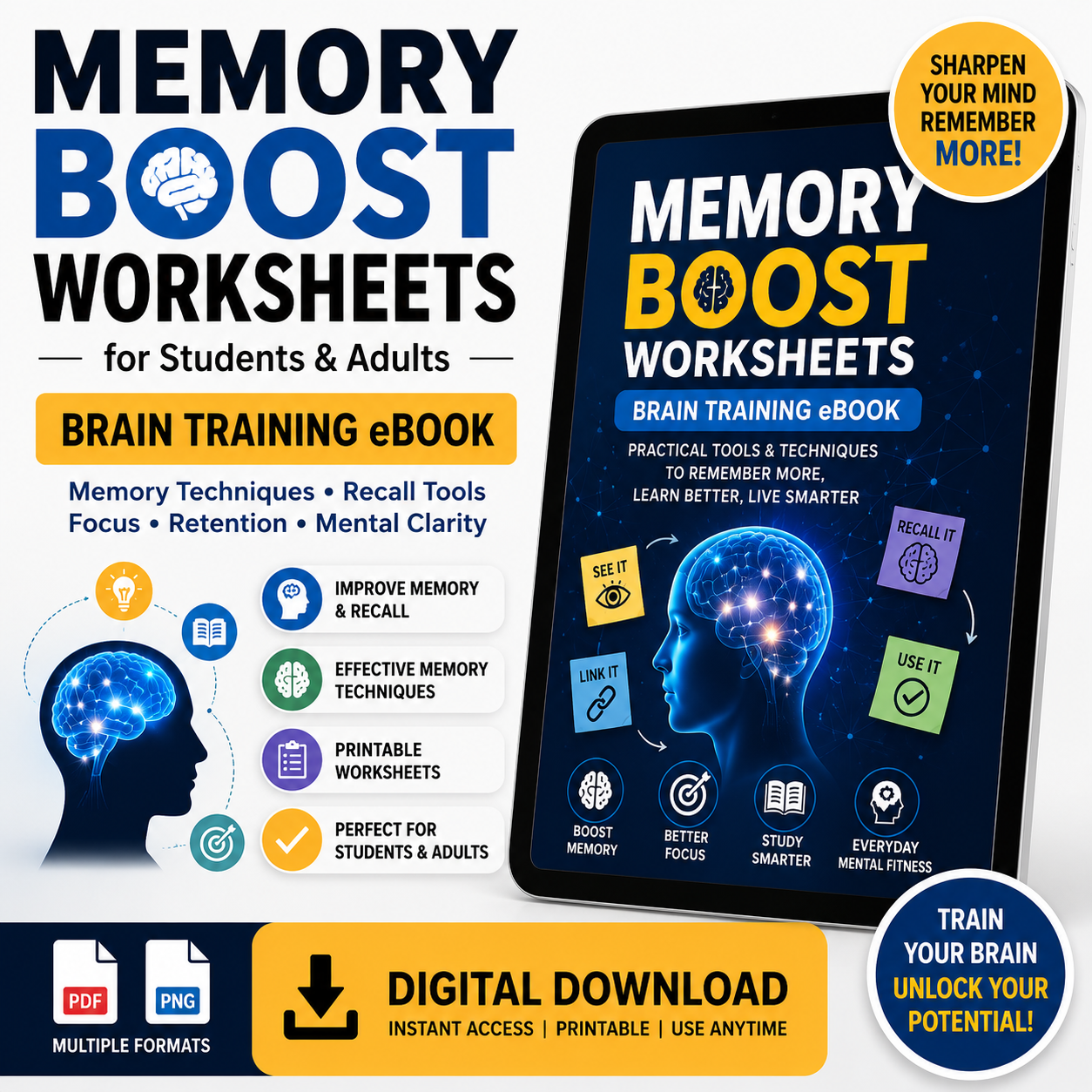 Memory Boost Worksheets for Students & Adults | Printable Digital Download | Brain Training eBook, Memory Techniques, Recall Tools