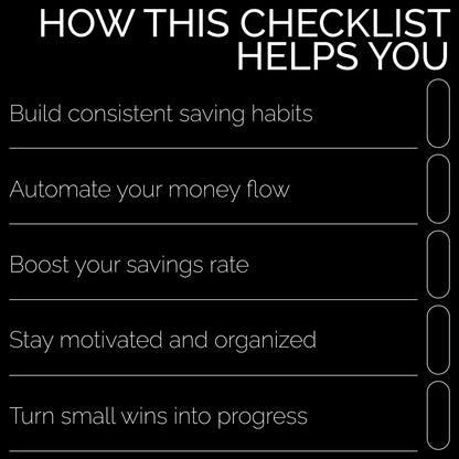 The Smart Saver’s Checklist | Digital Budget Planner | Easy Step-by-Step Savings Tracker | Learn How Much of Paycheck to Save | Personal Finance & Money Management Printable PDF