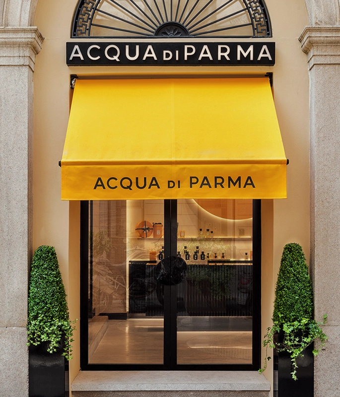 Acqua di Parma store front, yellow canopy 
