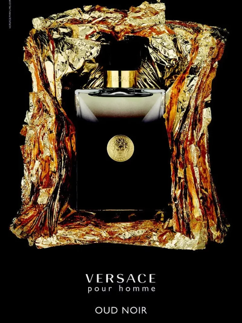 advertising campiagn for versace oud noir, square black bottle on gold background