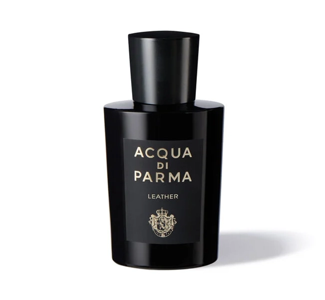 leather acqua di parma perfume bottle black with gold writing